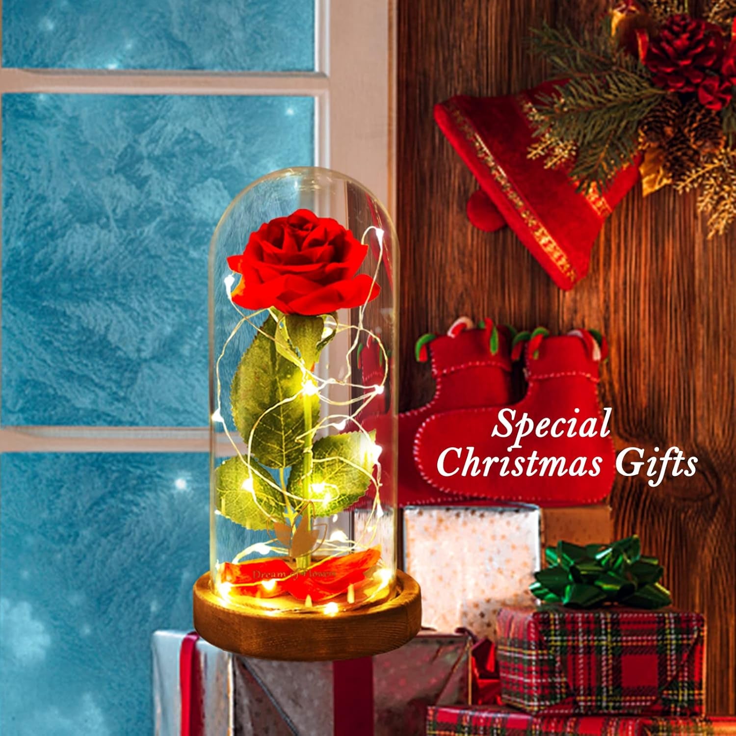 Valentines Day Gifts for Her Beauty and the Beast Rose,Red Rose in Glass Dome with 2 Lights Modes, Valentines Flower Gifts for Women Mom Wife Girlfriend on Valentines Anniversary,Birthday,Wedding