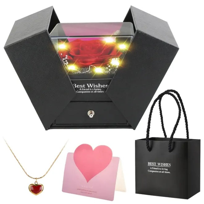 Red True Rose Heart Necklace Eternal Flower Gold Necklace Gift