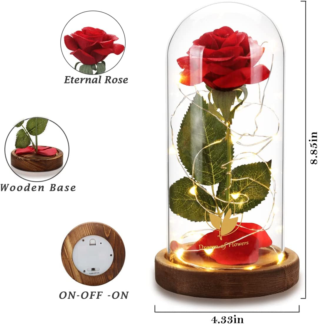 Valentines Day Gifts for Her Beauty and the Beast Rose,Red Rose in Glass Dome with 2 Lights Modes, Valentines Flower Gifts for Women Mom Wife Girlfriend on Valentines Anniversary,Birthday,Wedding