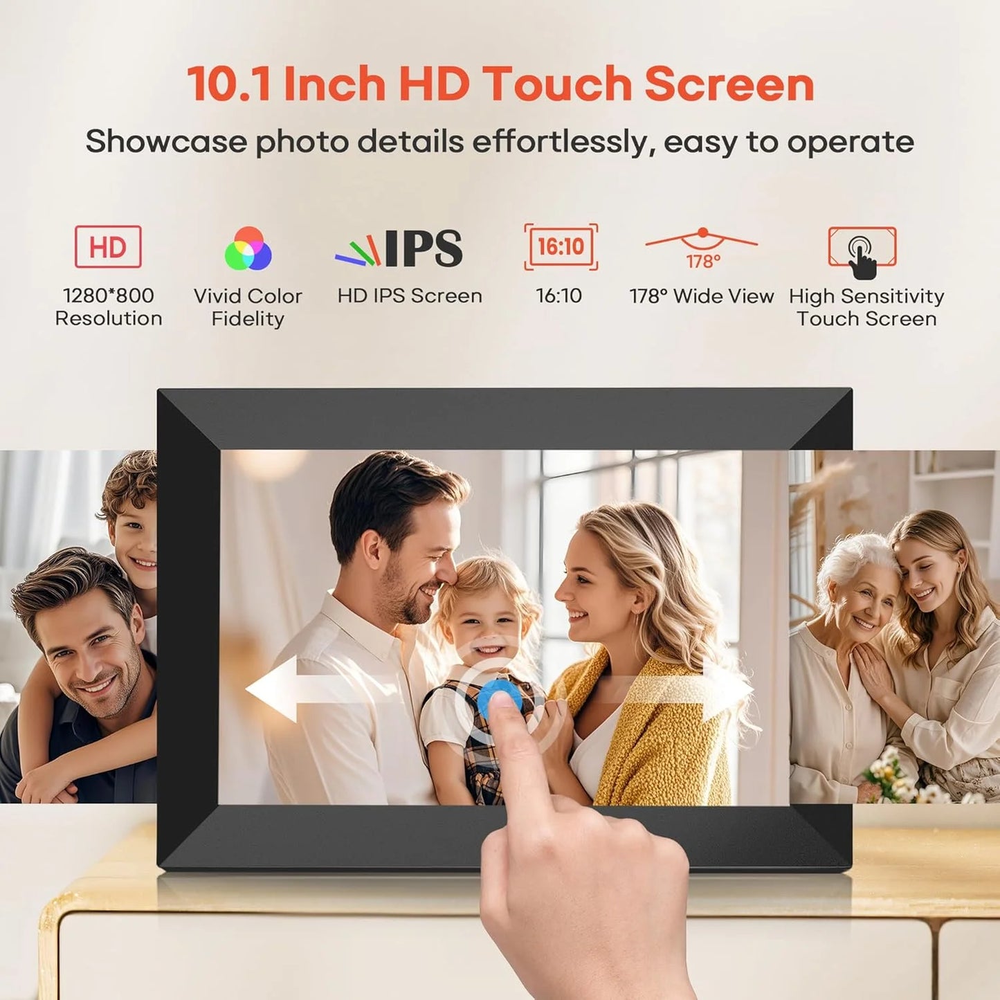 Wifi Digital Photo Picture Frame with 32GB Storage, 10.1 Inch IPS HD Touch Screen, Auto-Rotate Slideshow,Perfect Gift for Family & Friends