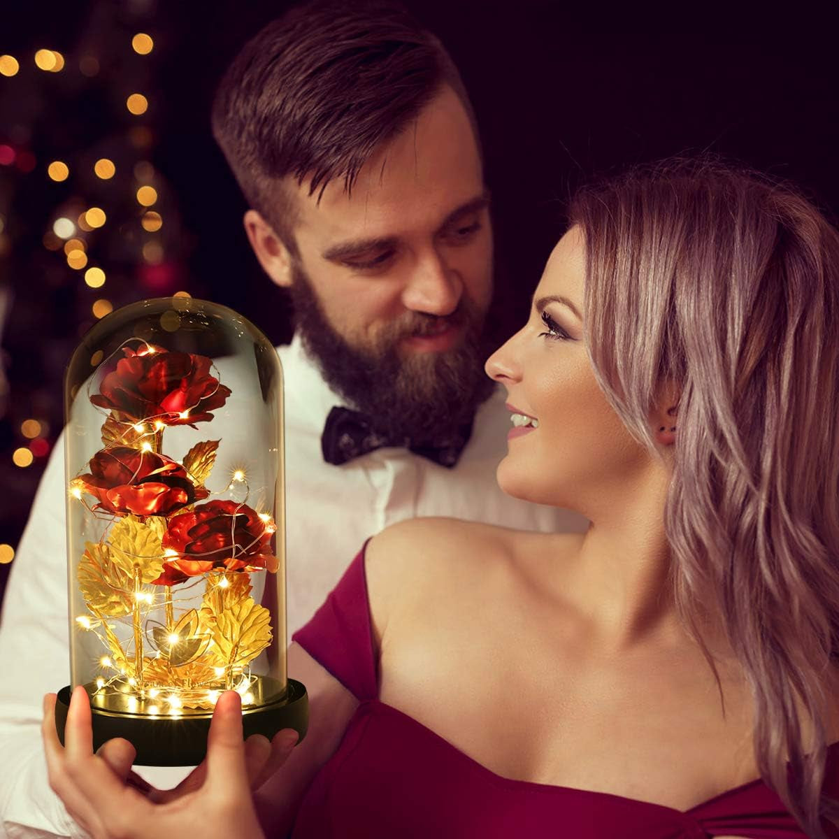 Christmas Flower Gifts for Women,Anniversary Rose Galaxy Flower Rose in Glass Dome,Light up Rose Flowers with 2 Light Modes, Enchanted Rose Gifts for Women for Christmas Birthday Valentines Wedding
